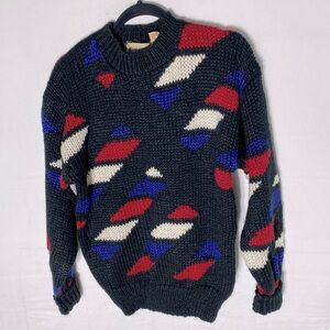 Vintage 90s Cricketeer Black Blue Red White Knit Crew Neck Sweater S Dadcore